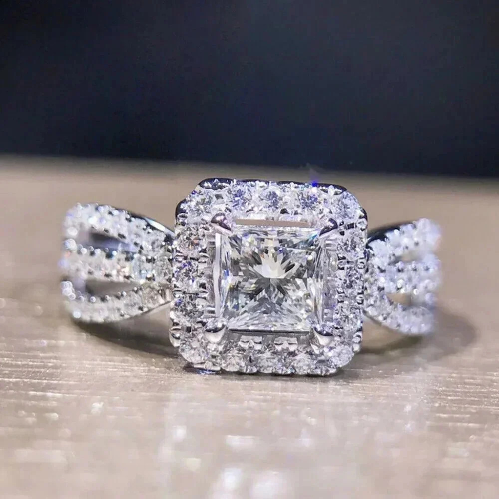 925 Sterling Silver Diamond Princess Cut Ring